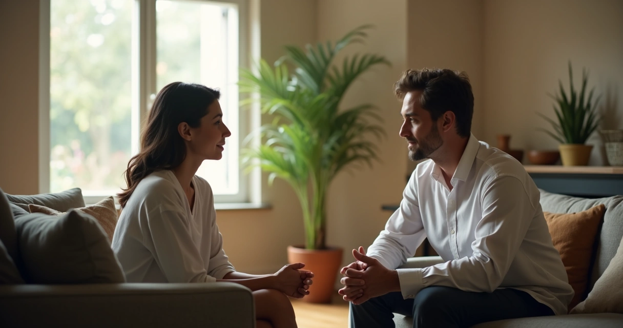 Two people having a calm seated conversation
