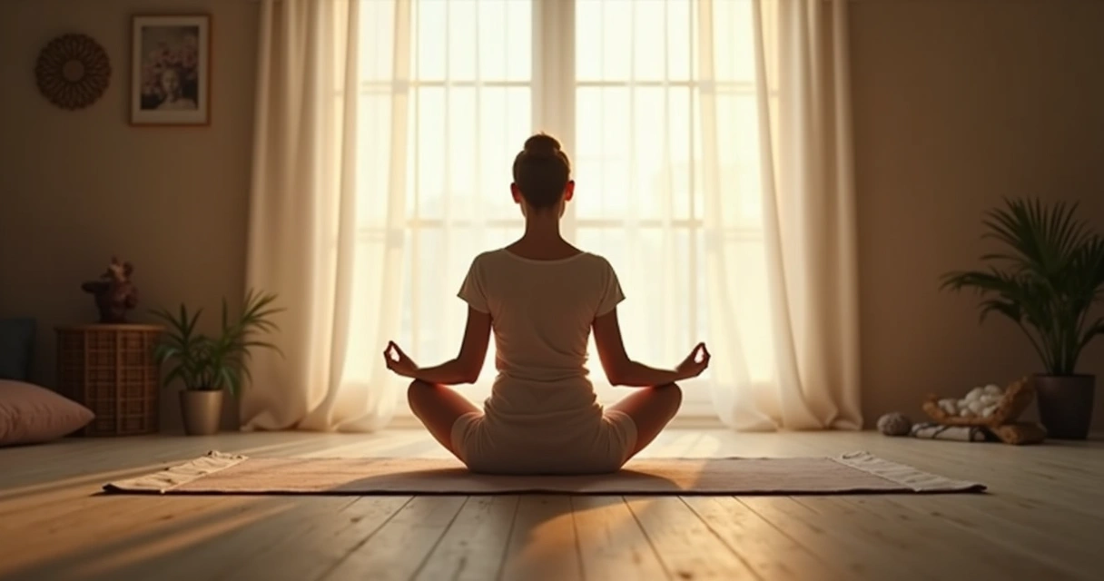 Person meditating in quiet, soft focus, gentle boundary highlighting their peaceful space 