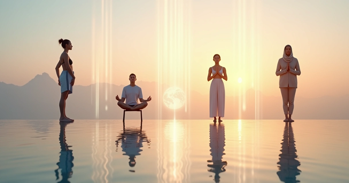 Serene people from different cultures practicing deep breathing in a sunrise landscape 