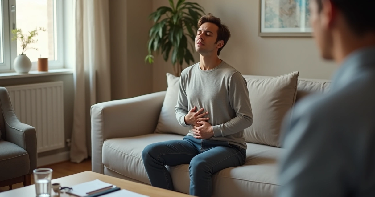 Person practicing calm breathing before a serious conversation in a modern living room 
