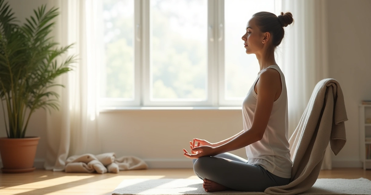 Person practicing slow breathing near a bright window