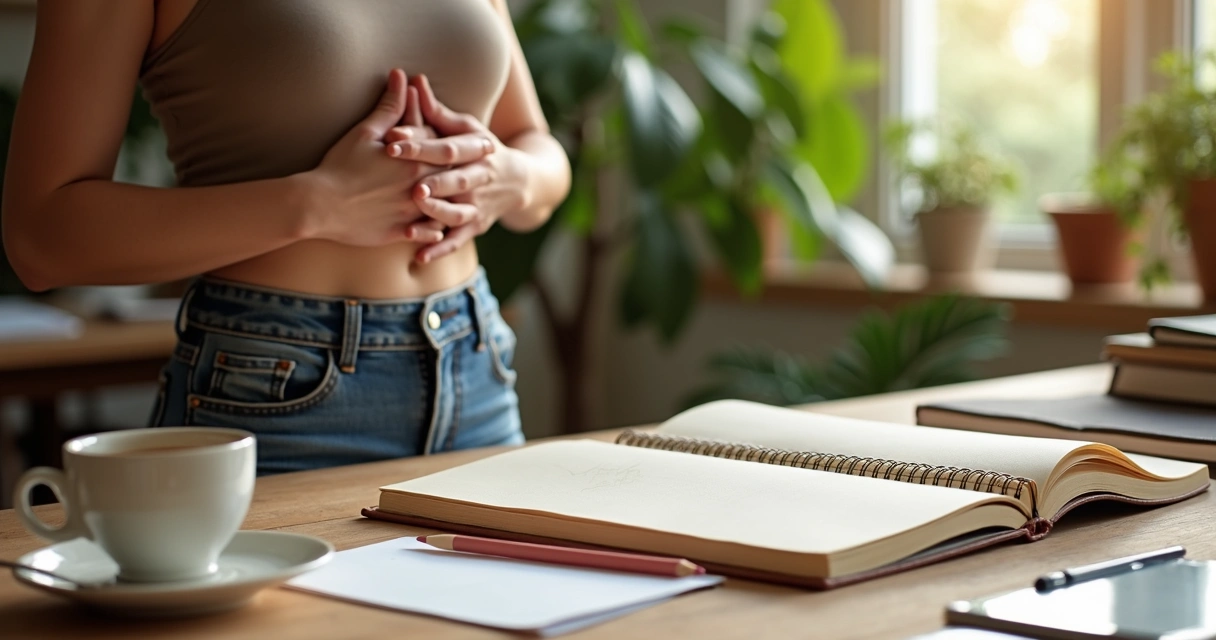 Person taking a calm breathing break beside notes and sketchbook 