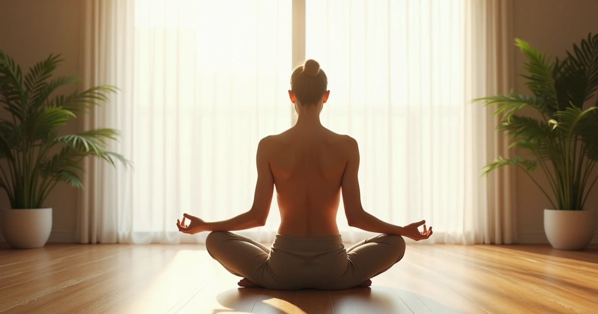 Person sitting calmly in lotus pose, eyes closed, breathing deeply. 