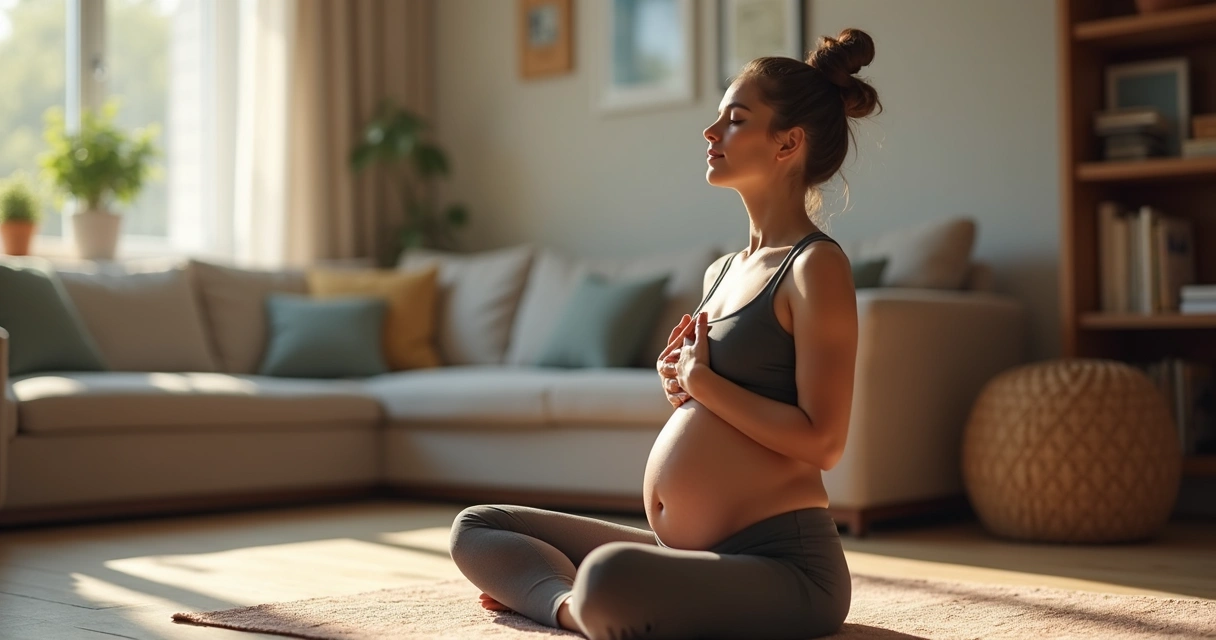 Person practicing calm breathing on a living room floor 