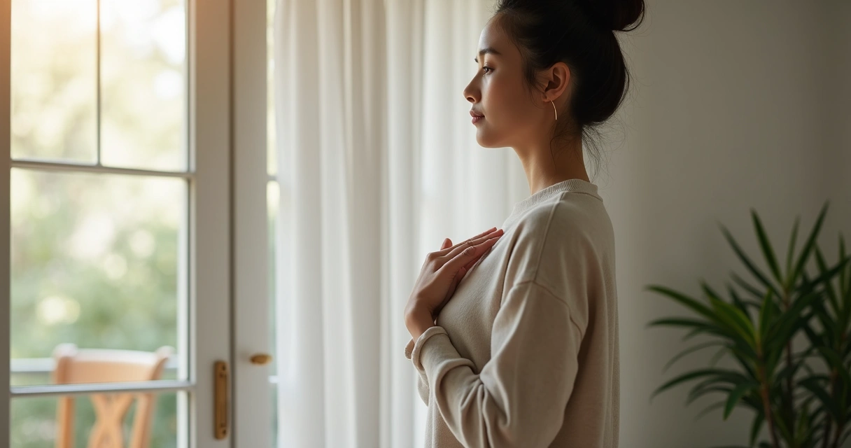 Person pausing to breathe calmly at home