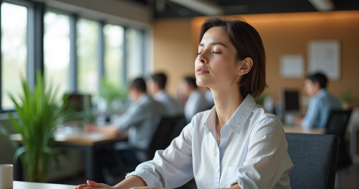Person sitting at office desk taking a deep breath with closed eyes and relaxed posture.