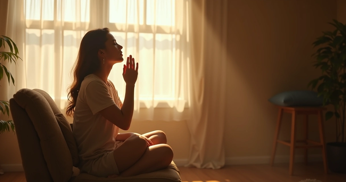 Person sitting quietly, eyes closed, taking slow deep breaths 