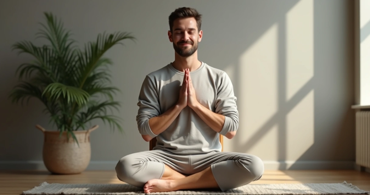 Man seated upright on a chair, feet flat, hands relaxed on thighs, gentle smile, softly lit background 