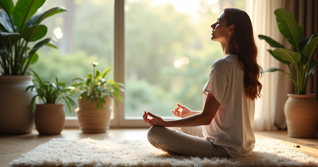 Woman practicing mindful breathing in a quiet living room by a window. 