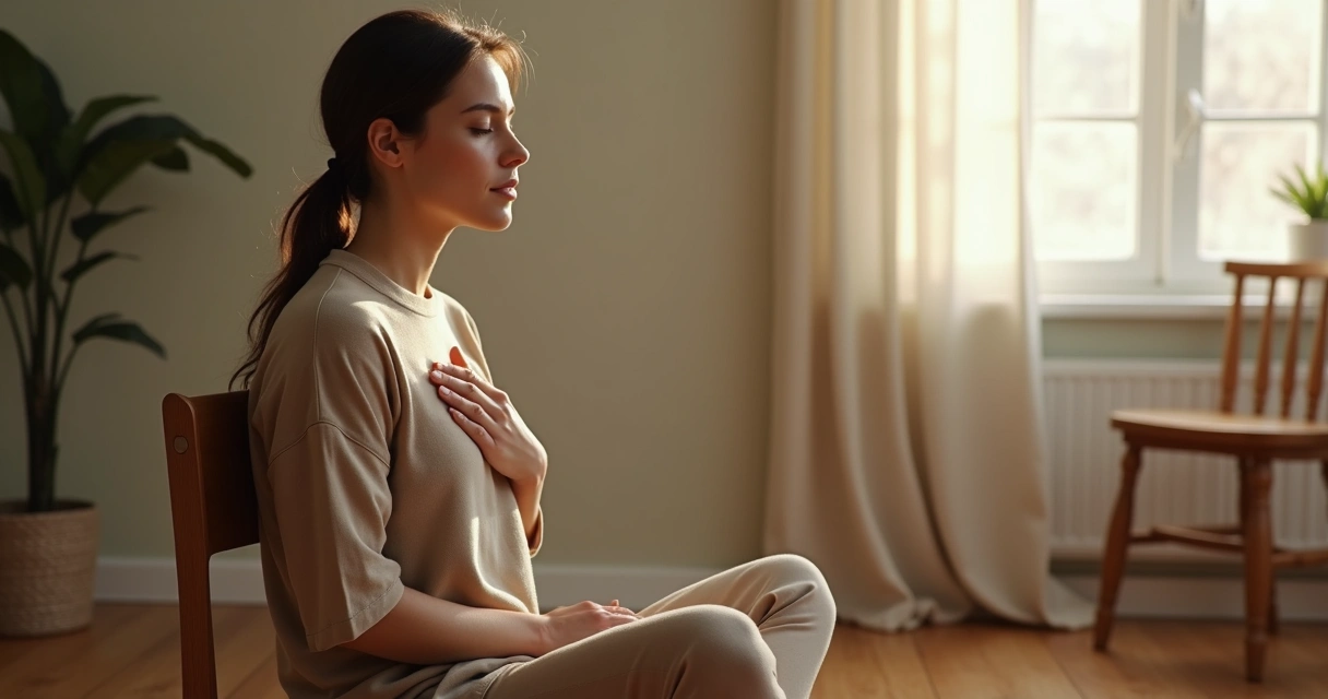 Person sitting calmly with hand on chest during reflection 