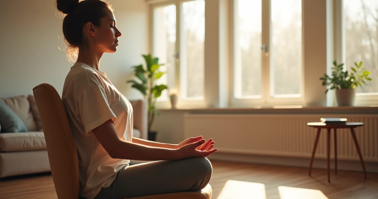 Person sitting quietly by a window during a breathing practice