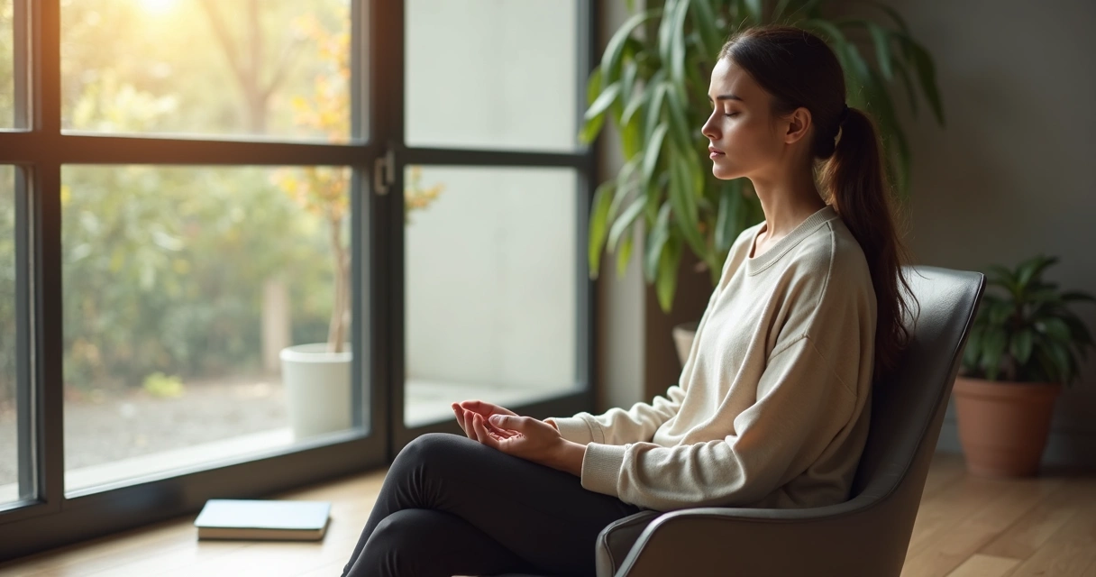 Person sitting by a window during a quiet pause 