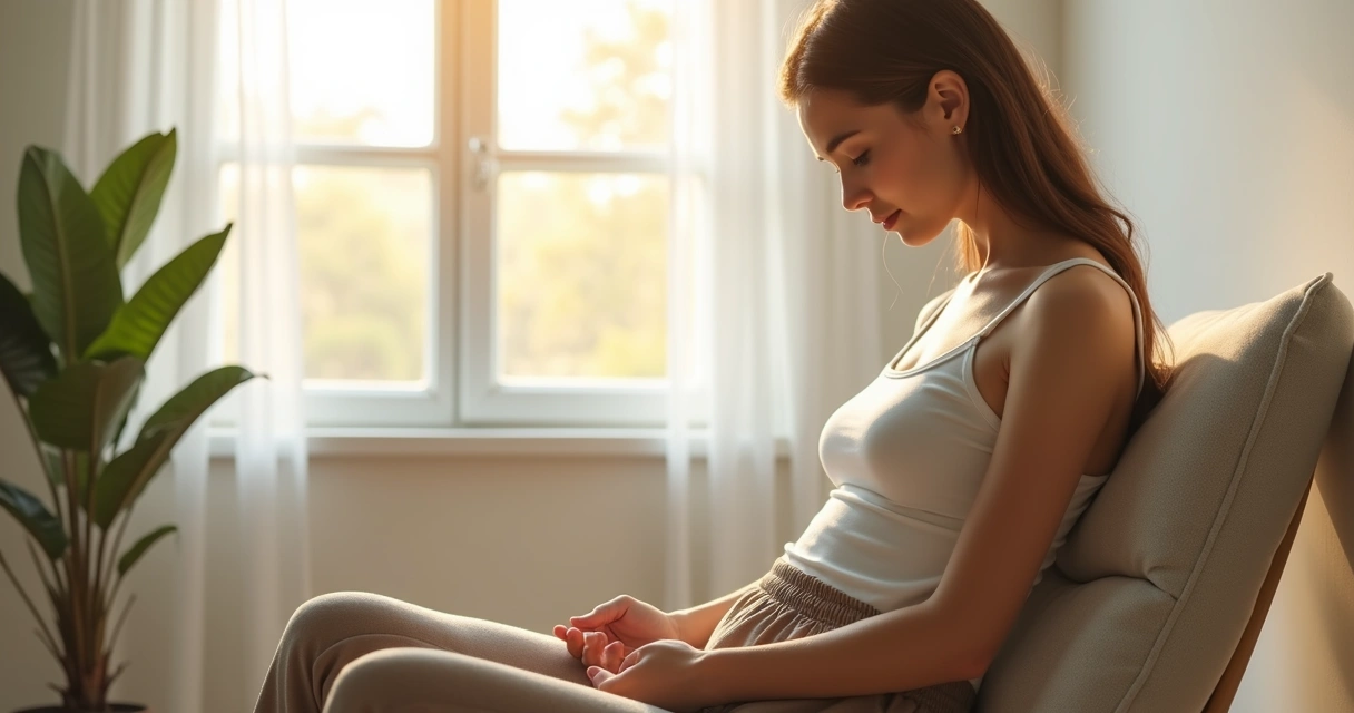 Adult practicing calm breathing near a window 