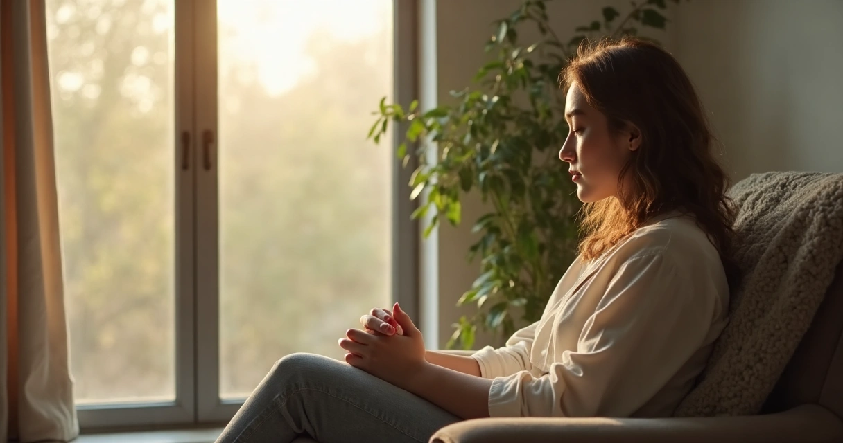 Person sitting by a window practicing calm breathing