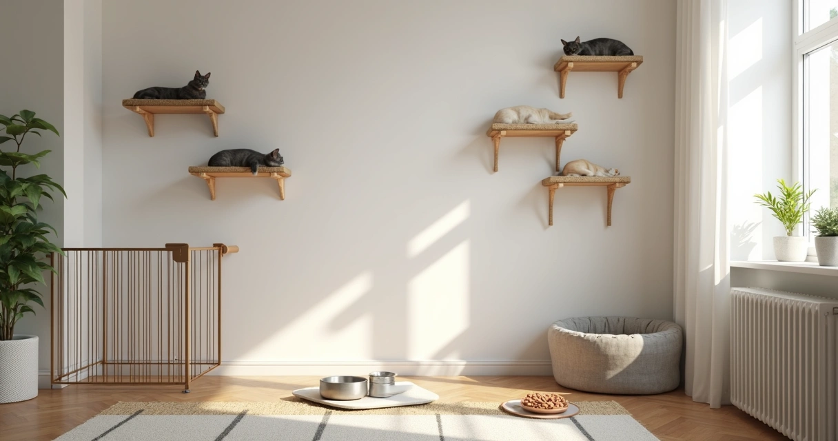 Living room with cat shelves, scratching post, and safe zones