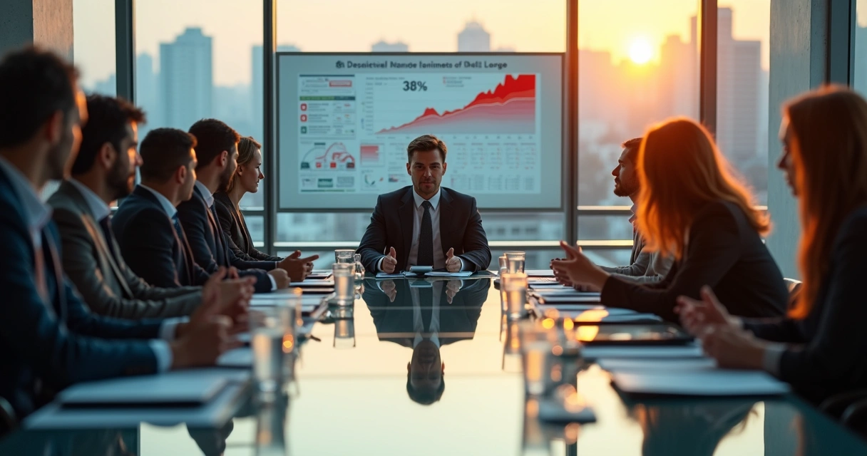 Calm person at meeting table surrounded by motion-blurred colleagues 