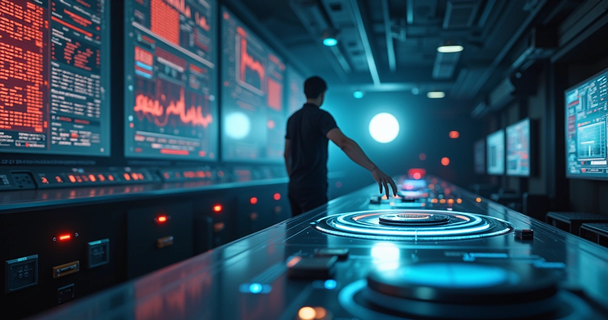 Person pressing pause button on control panel in chaotic control room 