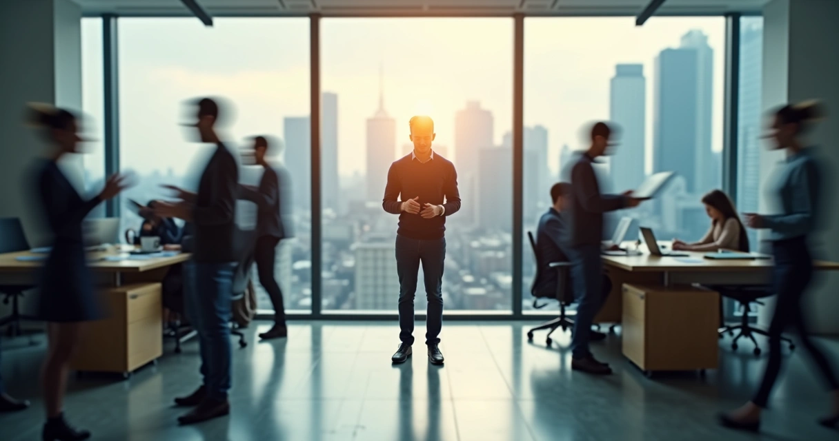 Person standing calmly in a busy glass office with soft light on their face 