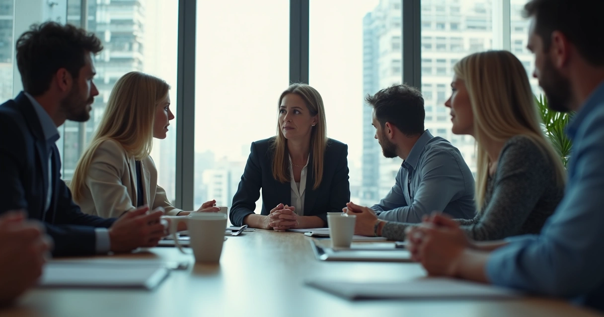 Team workers in a meeting, one person sitting calmly while others look to them during a discussion 