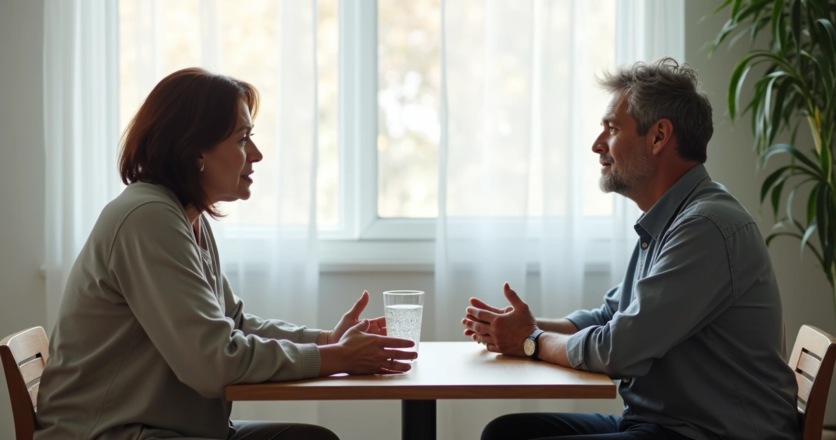 Two people pausing calmly during a difficult conversation 