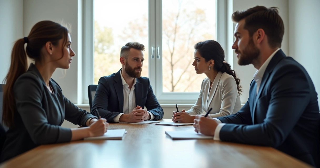 Colleagues practicing calm discussion in a meeting room 