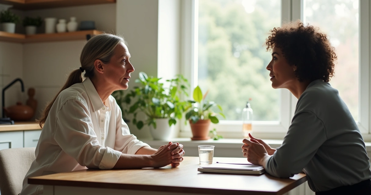 Two people talking calmly at a kitchen table with notebooks
