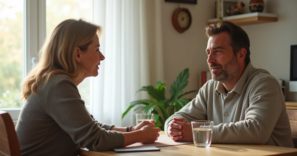 Two adults speaking calmly across a table at home 