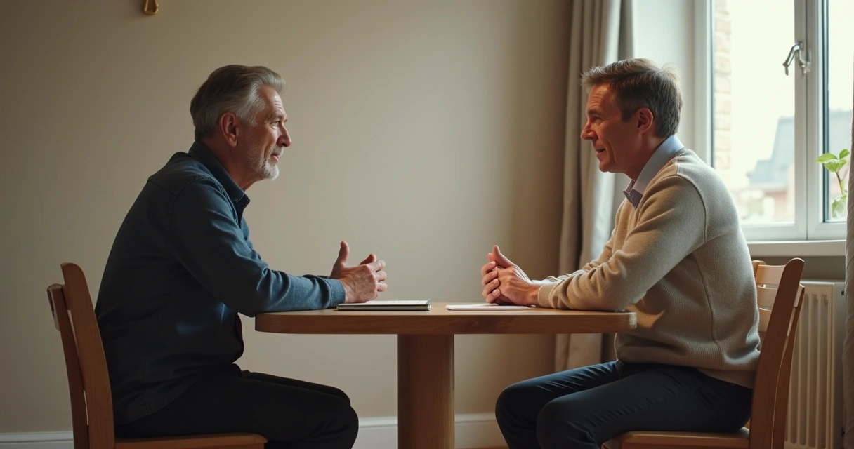 Two people having a calm conversation at a table