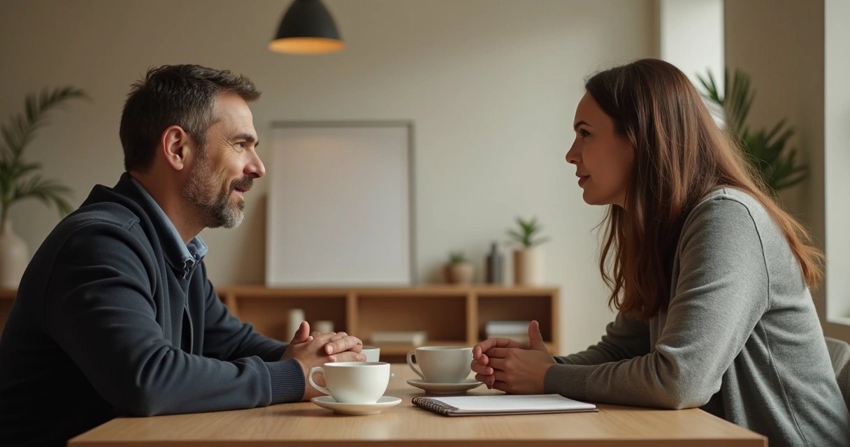 Two people having a calm conversation across a table