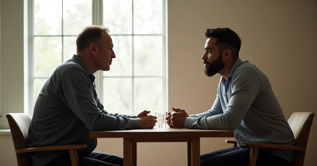 Two people having a calm boundary conversation at a table 