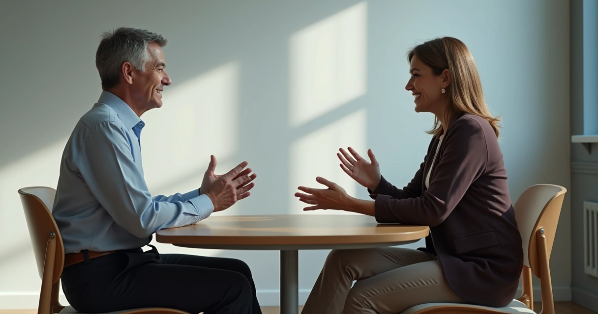 Two people having a calm conversation at a table