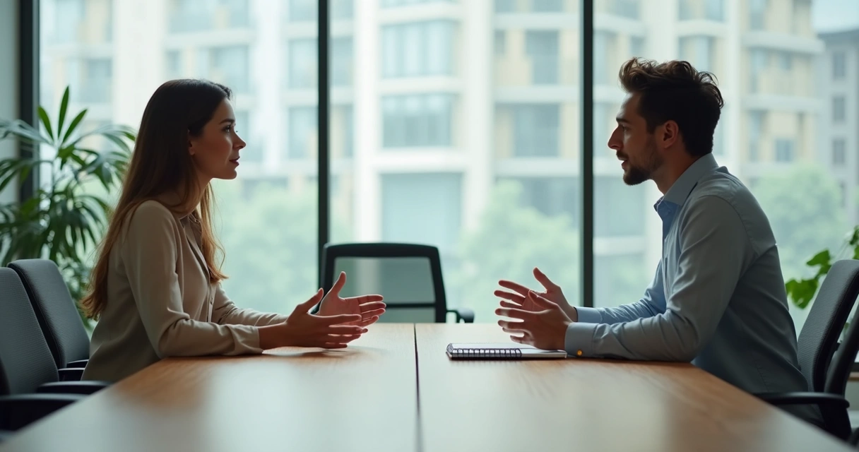 Two coworkers having a calm conversation in an office
