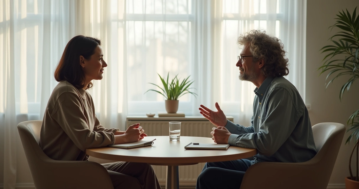 Two people having a calm conversation across a table