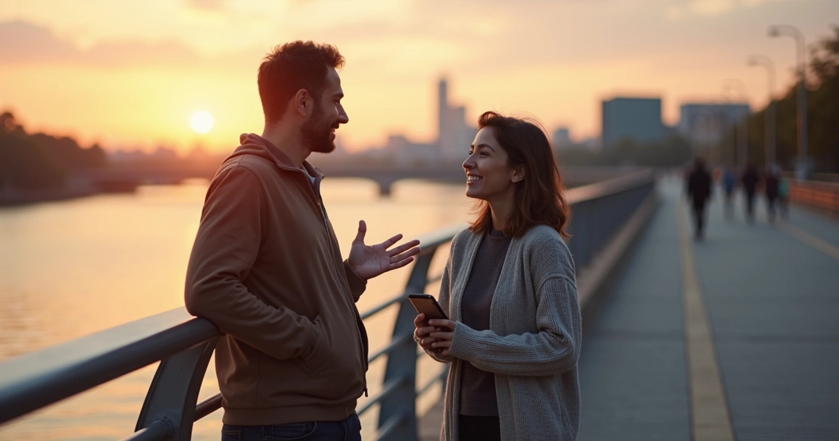 Two people talking calmly on a pedestrian bridge at sunset 