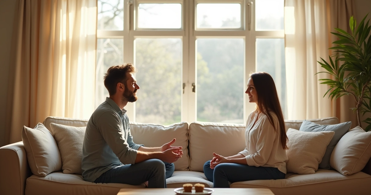 Calm conversation between two people on sofa 
