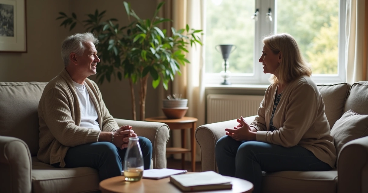 Two people having a calm conversation in a living room 