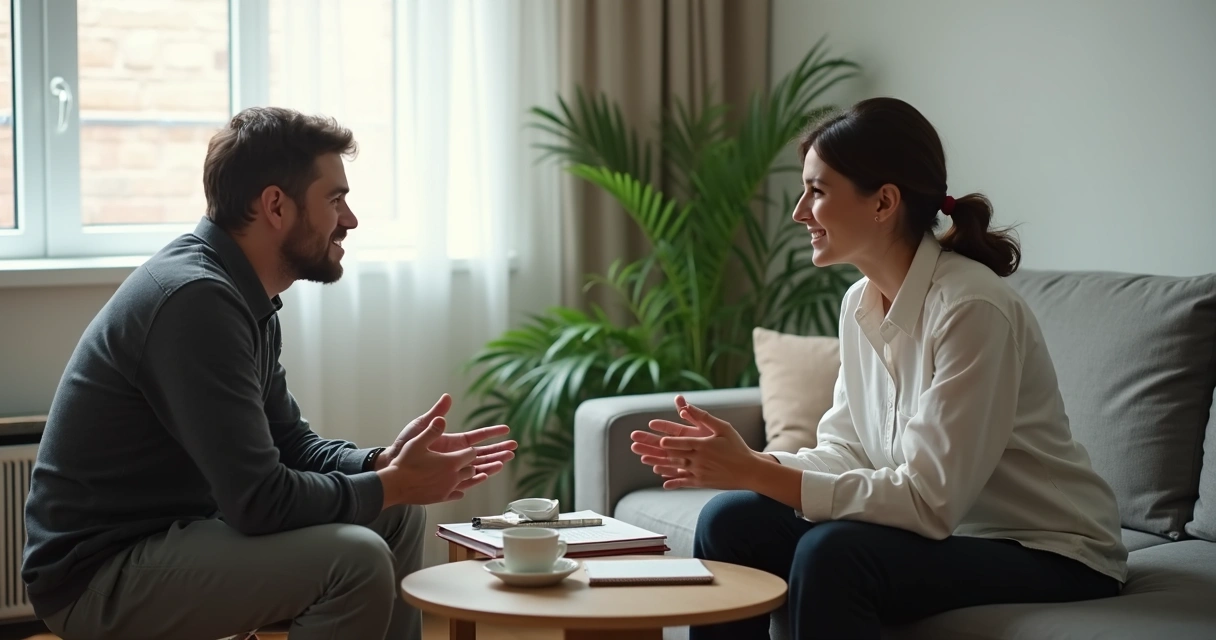 Two adults having a calm conversation in a living room 