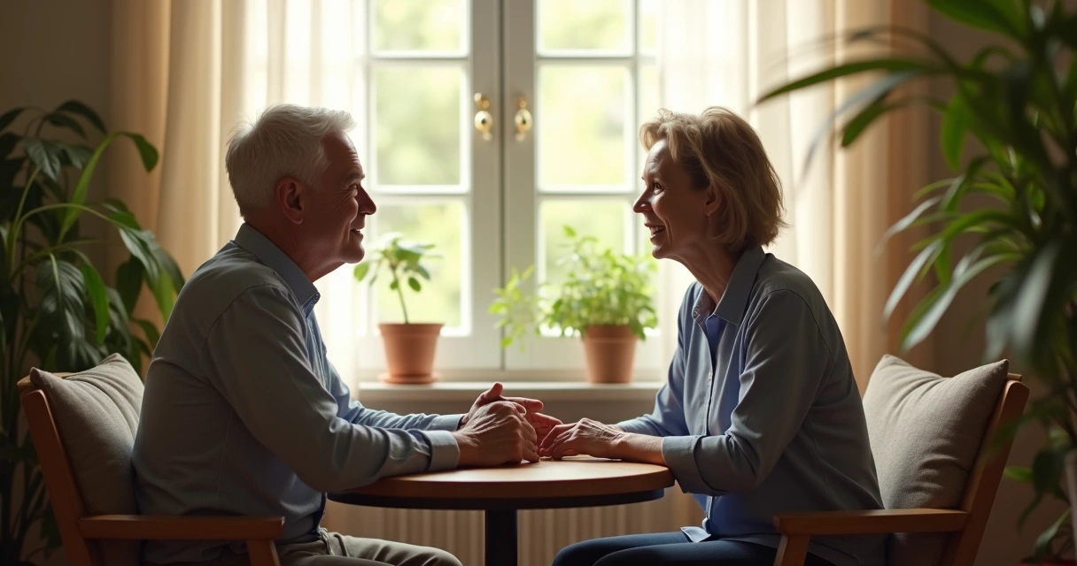 Two people having a conversation in a peaceful setting 