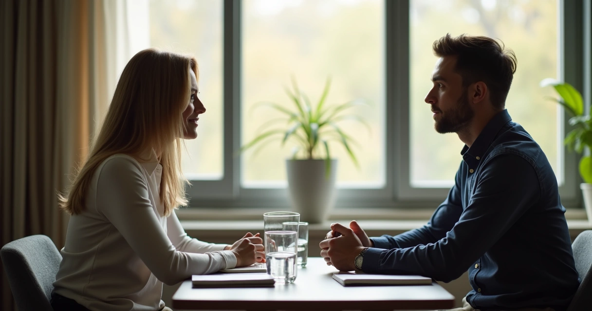 Two people talking calmly at a table