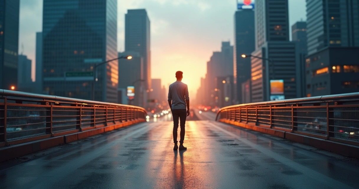 Person standing calmly on a bridge at a crossroads in a busy city 