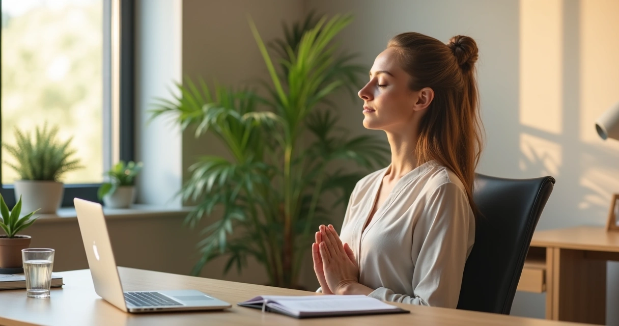 Professional taking a calm breathing pause at a tidy desk