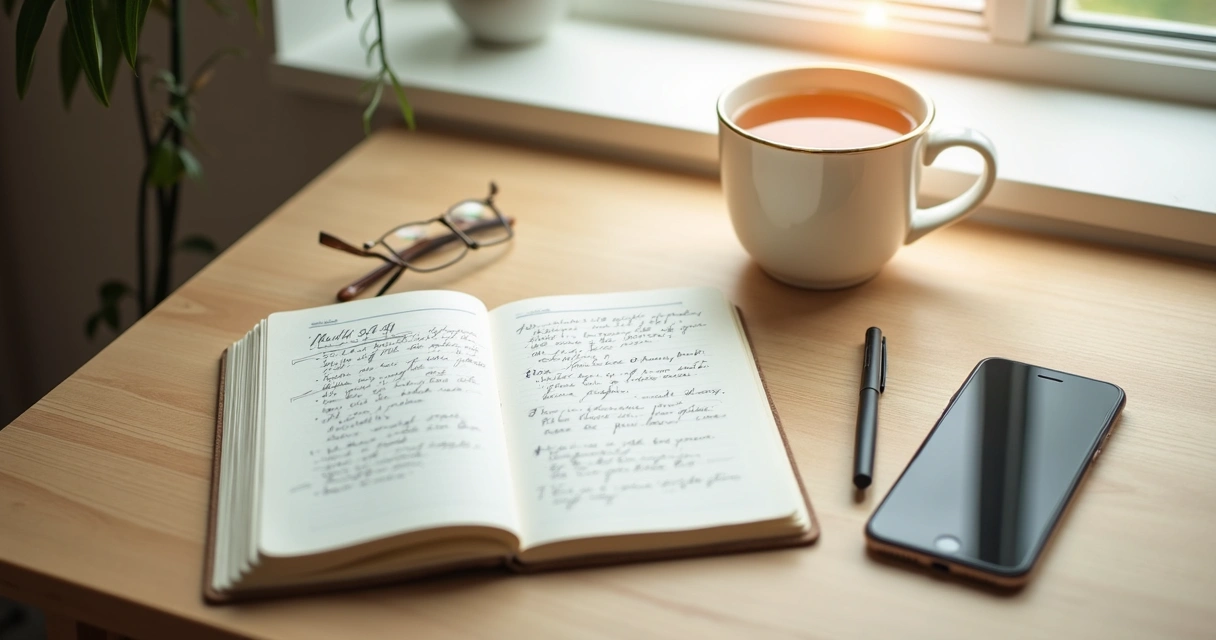 Quiet desk with notebook, tea, and phone placed face down by a window