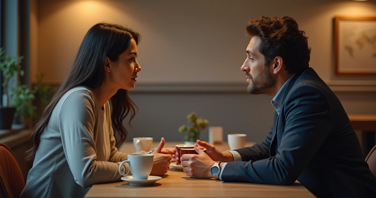 Two people engaged in a calm conversation at a coffee table with neutral expressions, warm soft lighting 