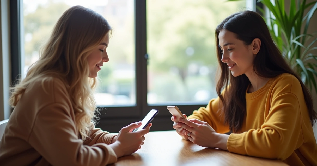 Two people exchanged messages on their phones, smiling at the screens, gentle natural light in the background