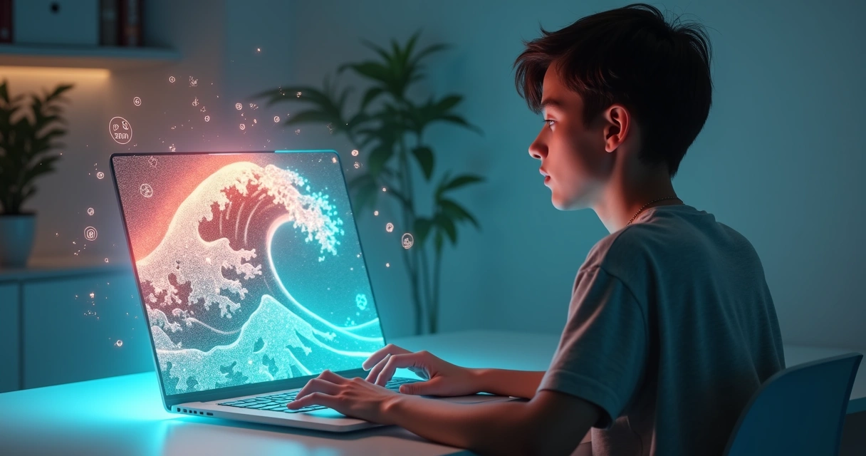 Person creating a calm barrier against a colorful wave of emotions on a laptop screen 