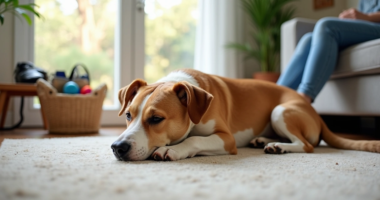 Relaxed dog resting on living room rug after an active daycare day 