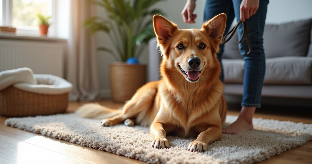 Dog calmly sitting next to owner in living room
