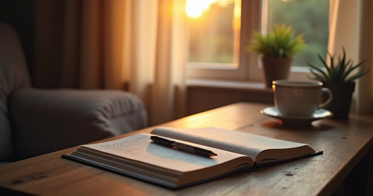 Notebook and pen on a calm desk with serene evening light