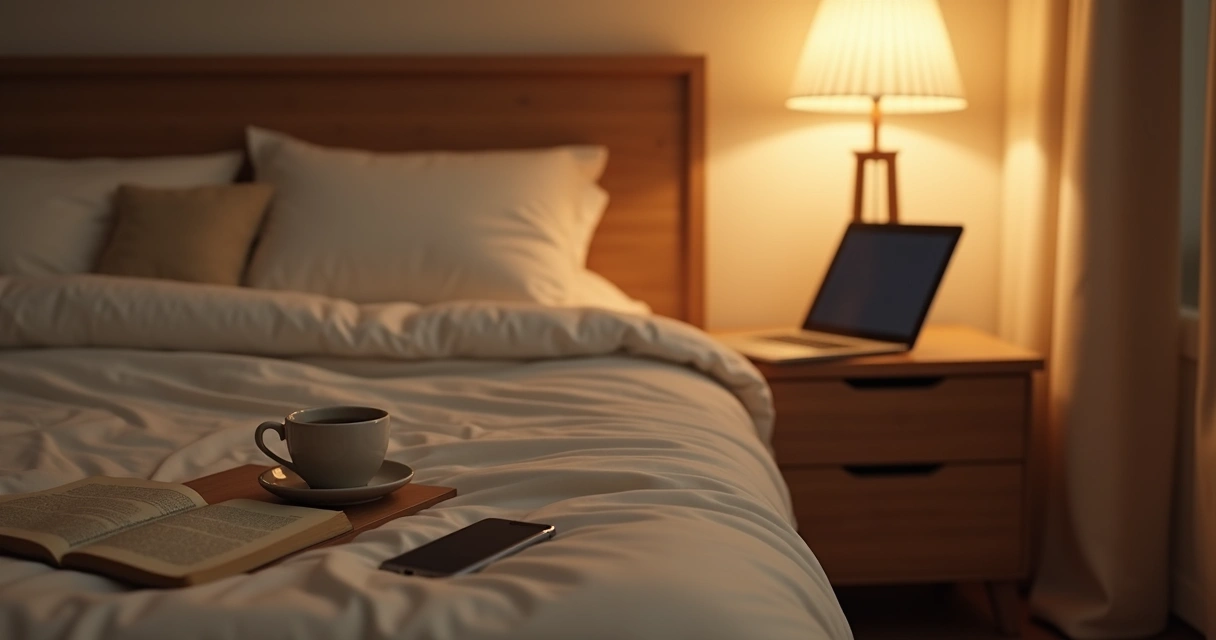 Bedside table with book, tea, and warm lamp light 