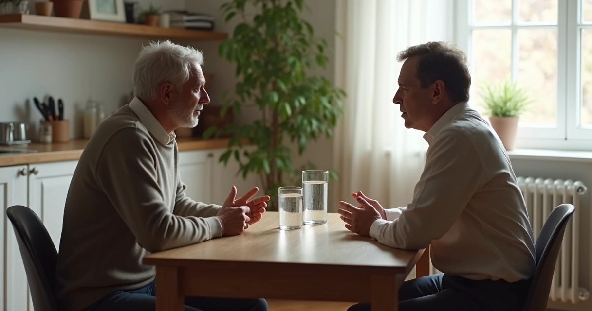 Two adults having a calm boundary conversation at a kitchen table 